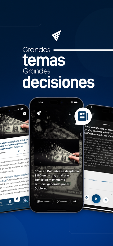 Pantallas de la aplicación móvil de Valora Analitik que muestran noticias financieras y datos económicos.