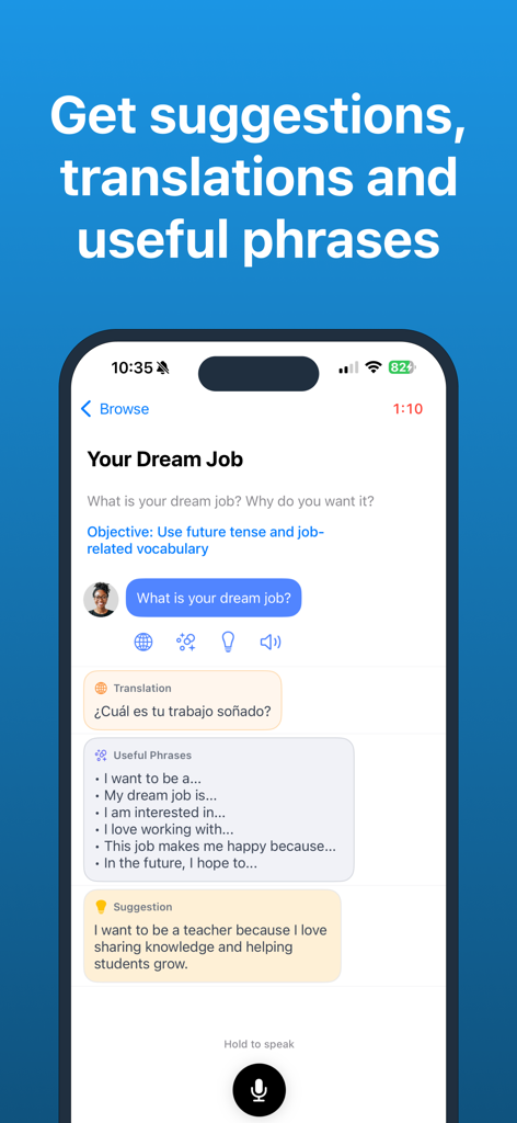 Flowo AI app interface displaying real-time suggestions translations and useful phrases for a conversation about dream jobs