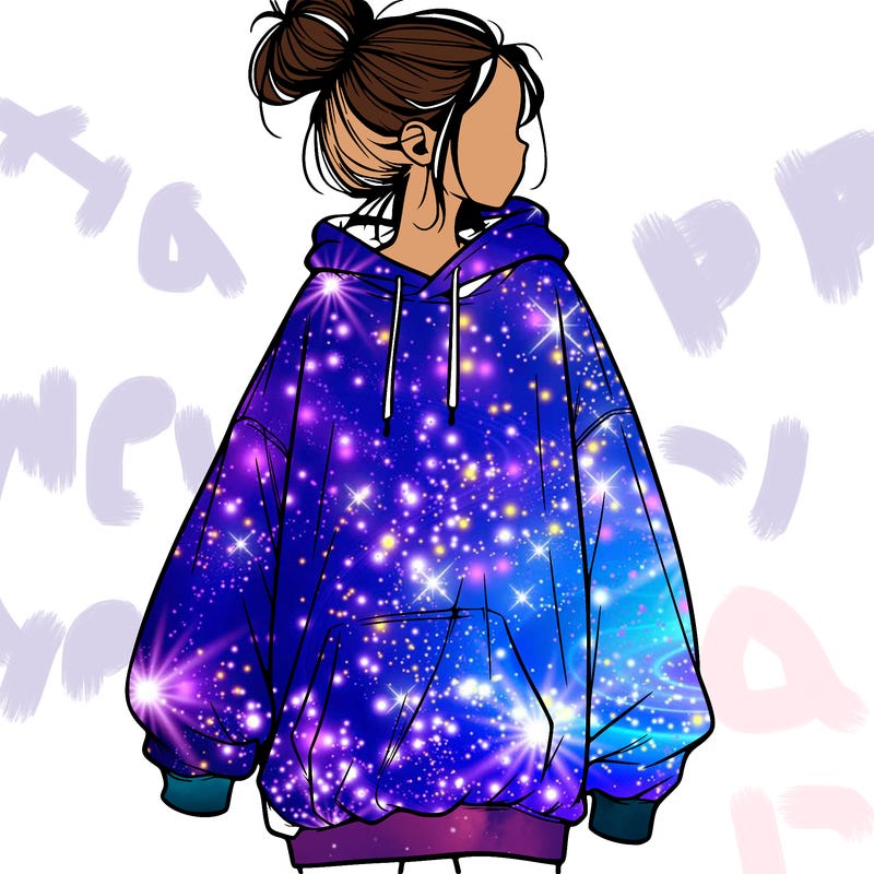 realistic girl with a oversized sweatshirt on and a bun