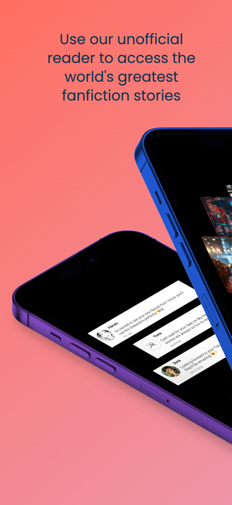 Fanfict Reader AO3 unofficial - Mobile screens displaying the unofficial AO3 fanfiction reader app with user comments on a red background