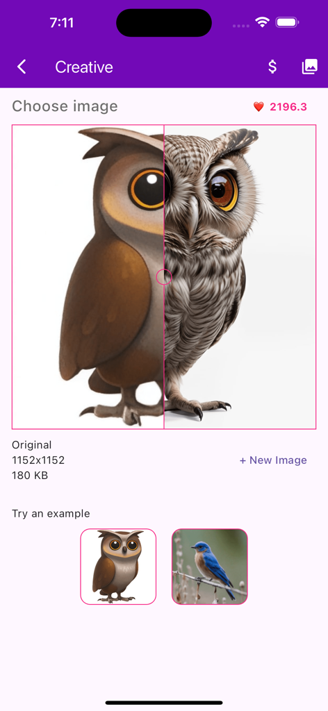 Imagine AI 앱 인터페이스는 만화 올빼미와 사실적인 AI 강화 버전 간의 분할 화면 비교를 보여줍니다.