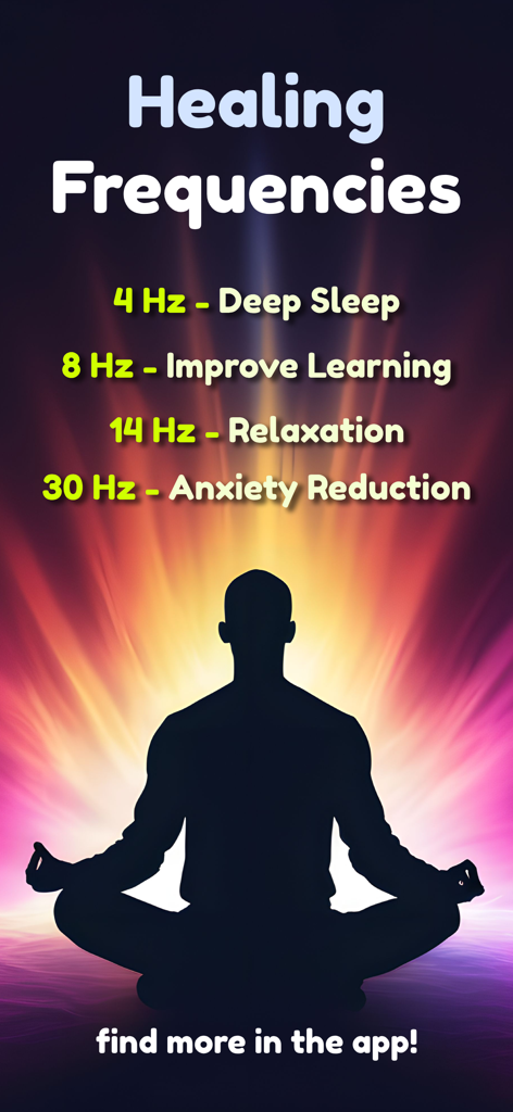 Delta Waves+ Sleep Now - Silhueta de uma pessoa meditando com um guia de frequências de cura para sono, aprendizado, relaxamento e redução de ansiedade.