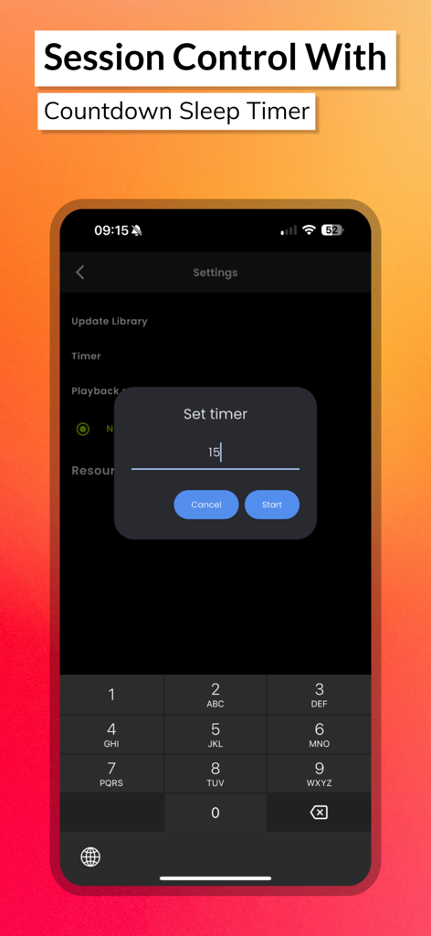 174 Player Plus - A screenshot of the 174 Player Plus app interface showing the set timer popup for the countdown sleep timer feature.