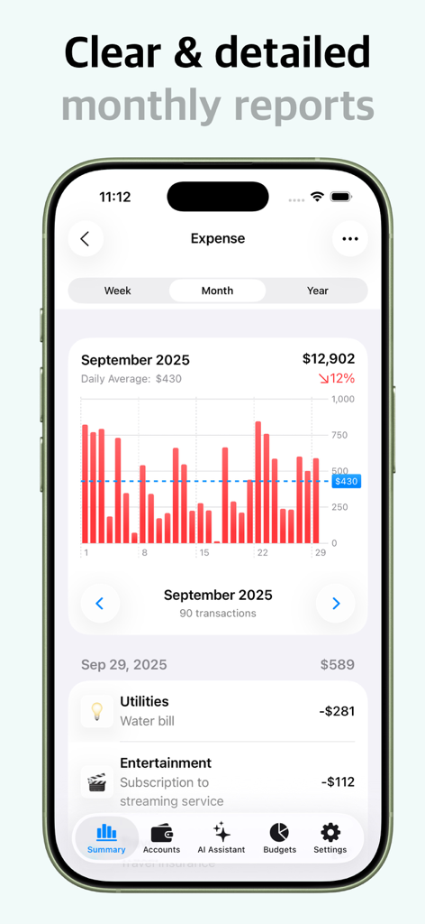 Un informe de gastos mensuales en la aplicación Mona Money Tracker que muestra un gráfico de gastos diarios y transacciones detalladas en un iPhone.