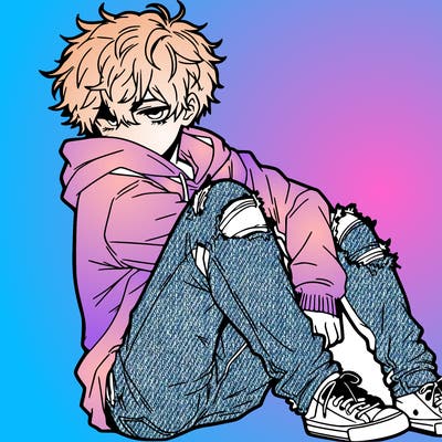a male hoddie ripped jeans messy hair anime