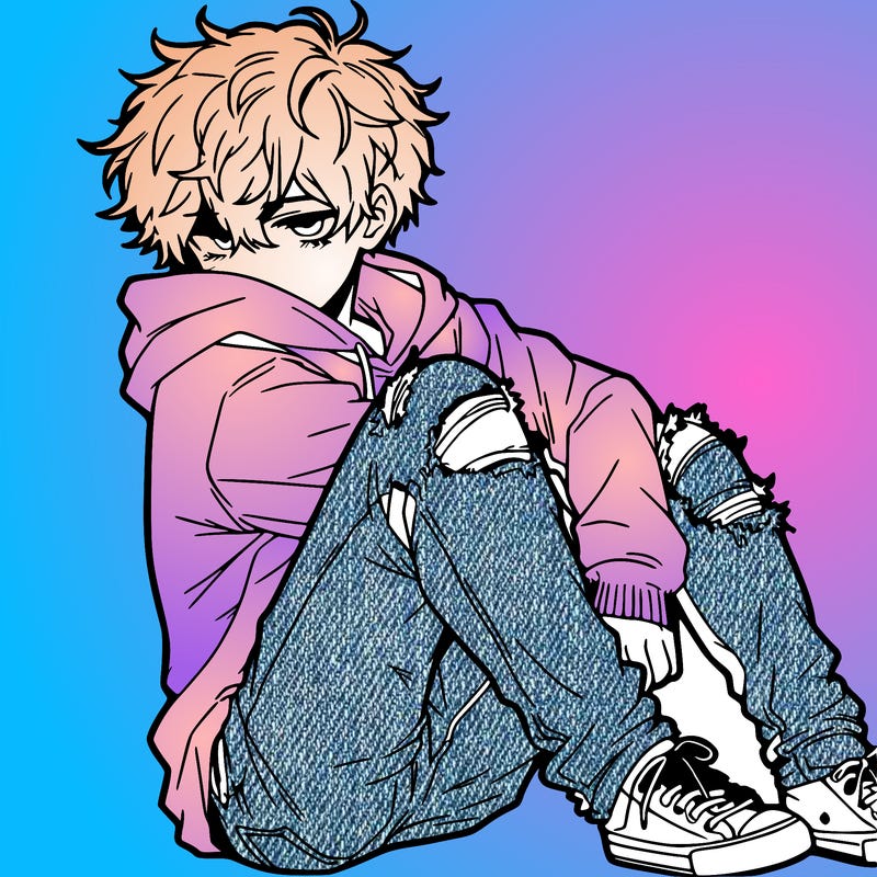 a male hoddie ripped jeans messy hair anime