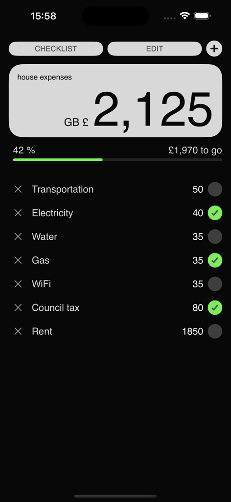 Checklist Pro: Expense Tracker - Interface do aplicativo Checklist Pro mostrando uma lista de orçamento doméstico com despesas categorizadas e uma barra de progresso