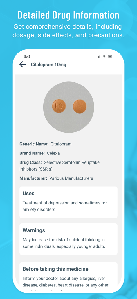 Medi Scanner - Pill Identifier - Detailed medication information screen in the Medi Scanner app showing pill identification and drug facts