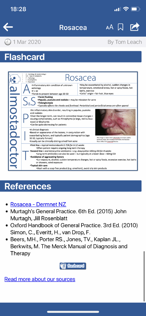 almostadoctor - A medical flashcard within the almostadoctor app describing the symptoms and treatment of Rosacea.