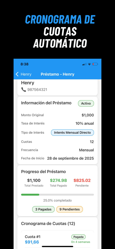 Gestor de Créditos - Interfaz de la aplicación móvil mostrando un resumen detallado del préstamo y un calendario de pagos automático para un cliente