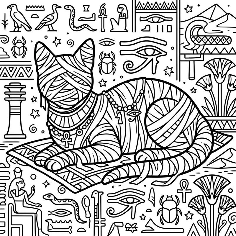 Embark on an ancient adventure with this captivating mummy cat coloring page, intricately designed with Egyptian hieroglyphs and symbols. This detailed line art promises a relaxing and engaging coloring experience for all ages.