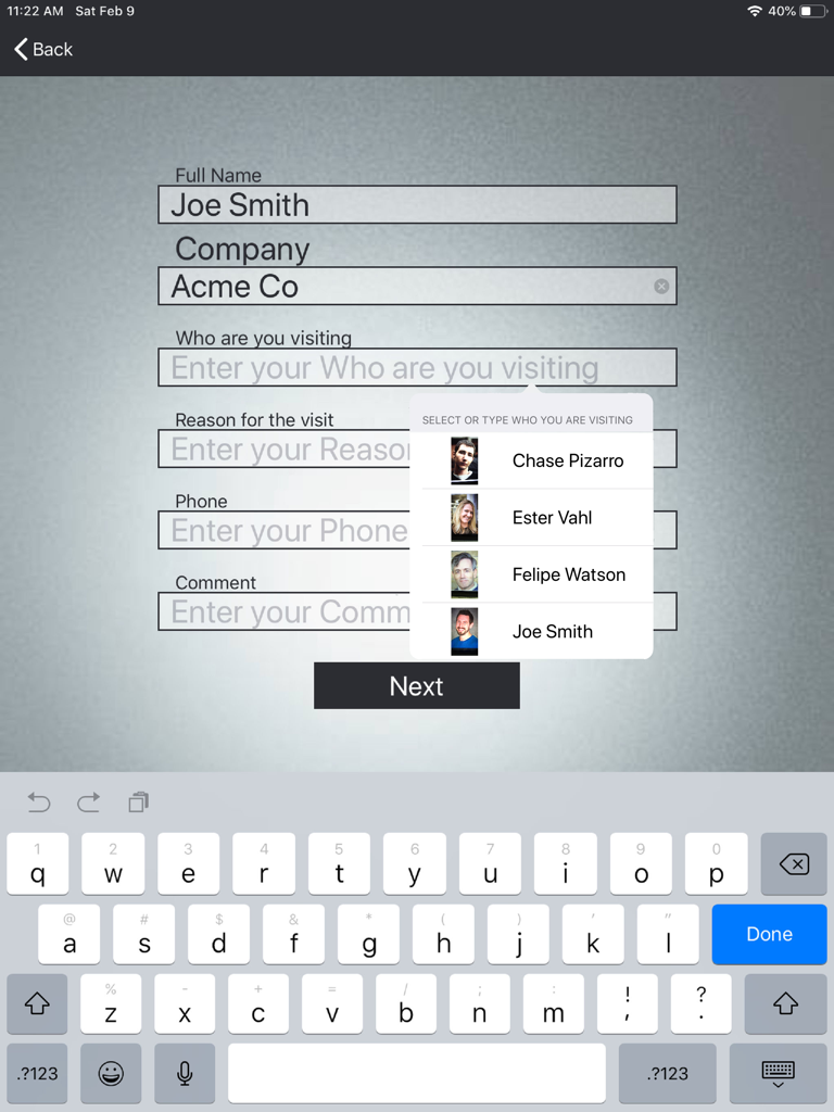 Digital visitor sign-in form on an iPad with fields for guest information and employee host selection.