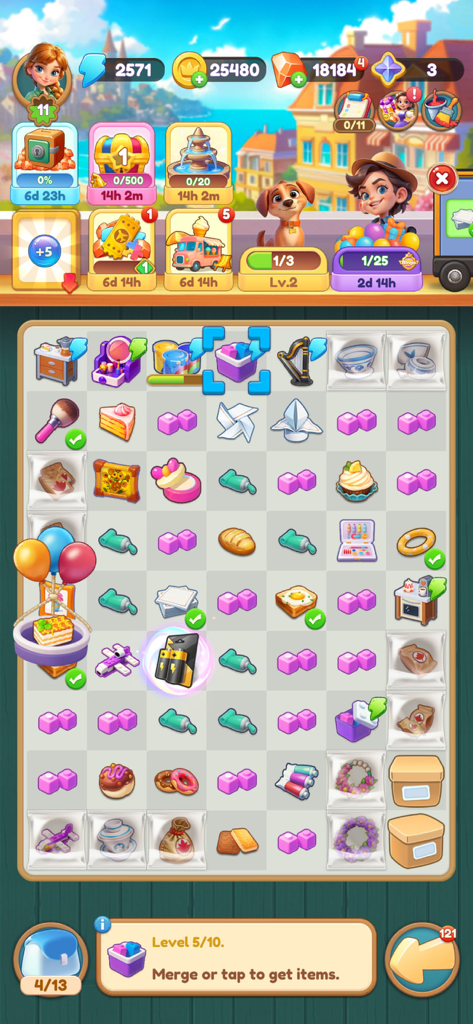 Merge Master Home Designのゲームプレイ画面。様々なアイテムとリソースバーが表示されたカラフルなパズルボードが表示されています。