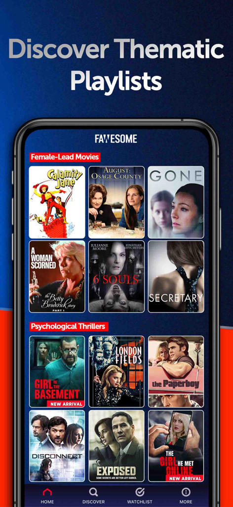 Une capture d'écran mobile de l'application Fawesome montrant des sélections de films pour les films avec des rôles principaux féminins et les thrillers psychologiques.