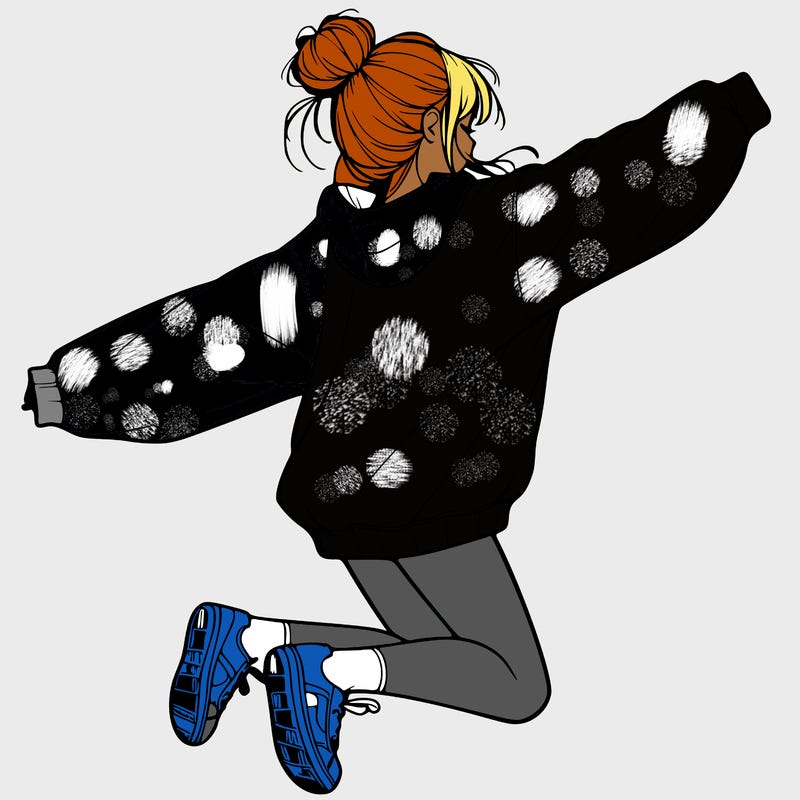 realistic girl jumping with a bun and oversized sweatshirt