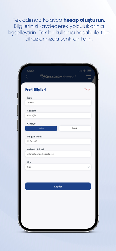 User profile registration screen for the official Istanbul transit app Otobusum Nerede