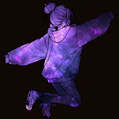 realistic girl jumping with a bun and oversized sweatshirt