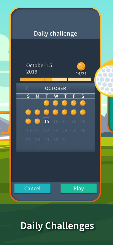 Daily challenges calendar screen in Golf Solitaire Classic app showing completed days with golf ball icons.