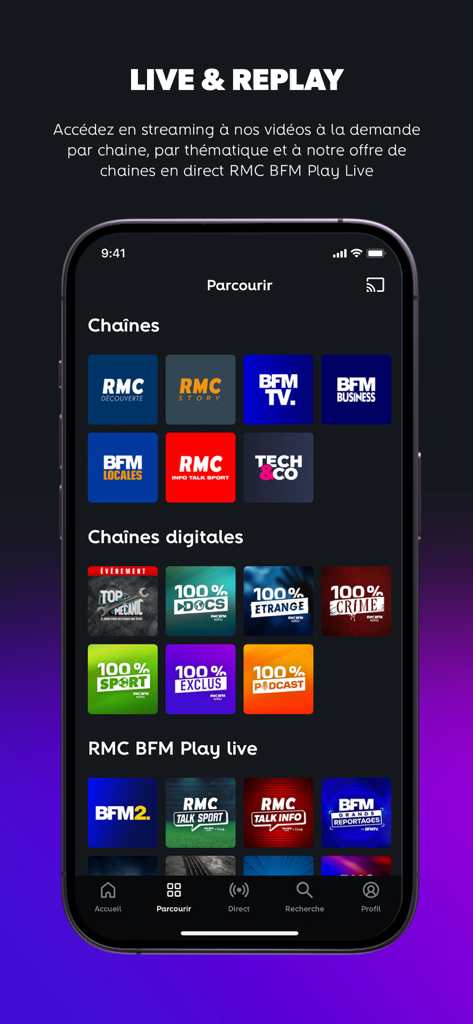 Interface de l'application mobile RMC BFM Play montrant un écran de navigation avec divers logos de chaînes TV françaises comme BFM TV et RMC Story.