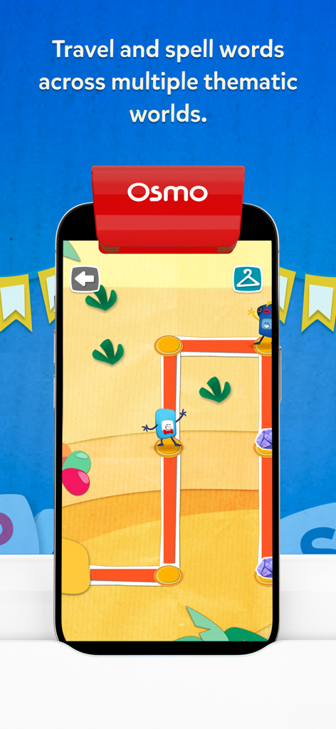 A path in the Osmo Words app level map showing the character moving through thematic worlds.