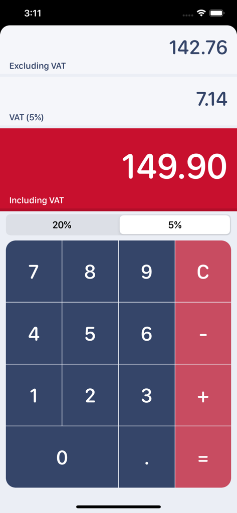 UK VAT Calculator interface displaying a five percent tax calculation on a mobile device