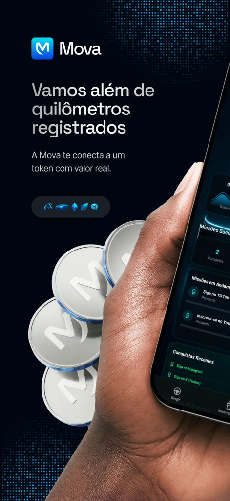 Mova Protocol - Uma pessoa segurando um smartphone exibindo a interface do aplicativo Mova Protocol com tokens de recompensa digitais ao fundo