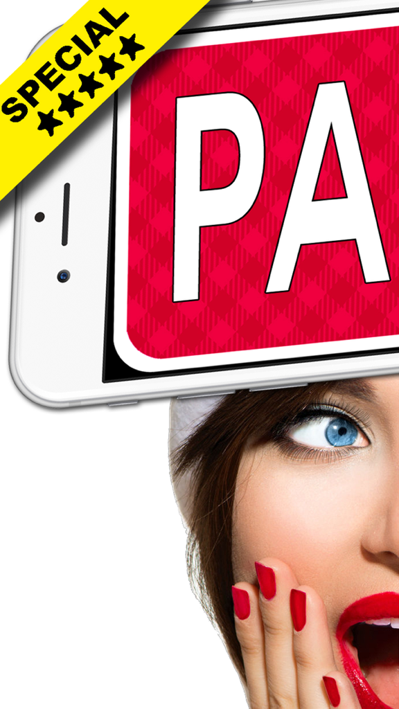 A woman playing Charades Up by holding a smartphone on her forehead during a party