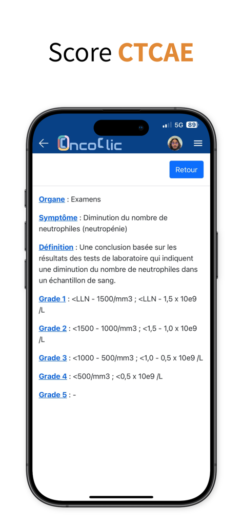 Interface of the OncoClic oncology app displaying CTCAE scoring criteria for neutropenia