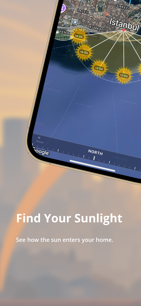 Sun Angle Pro - Pantalla de la aplicación Sun Angle Pro mostrando posiciones y trayectorias del sol sobre un mapa de Estambul