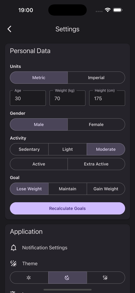 Calorie Counter Photo AI - The settings screen of the Calorie Counter Photo AI app showing personal data inputs for age, weight, height, gender, activity level, and weight loss goals.