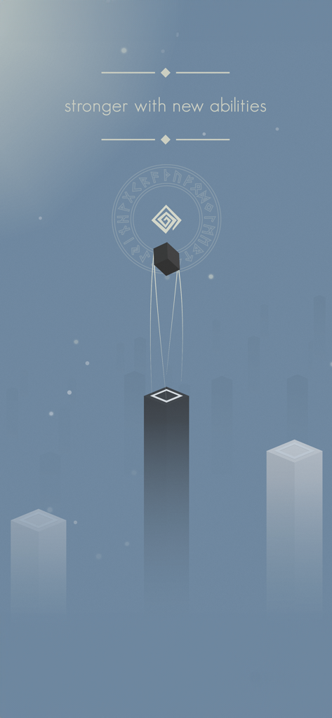 Minimalistische Spielszene, die einen Würfelcharakter und eine leuchtende Fähigkeitsrune in Bluk zeigt