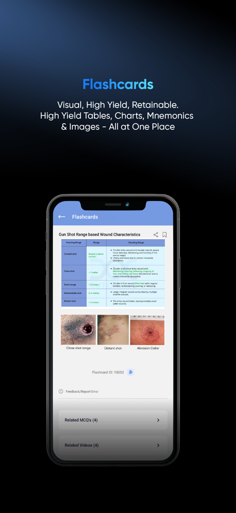 DocTutorials-NEET PG, SS, FMGE - DocTutorials mobile app showing a medical flashcard with gunshot wound characteristics and clinical images