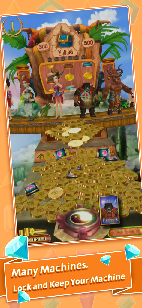 In-game view of a virtual coin pusher with piles of gold coins and adventure-themed characters