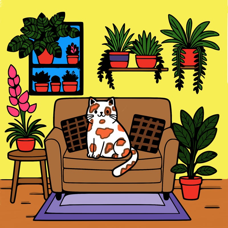 cat on a sofa in a room full of plants