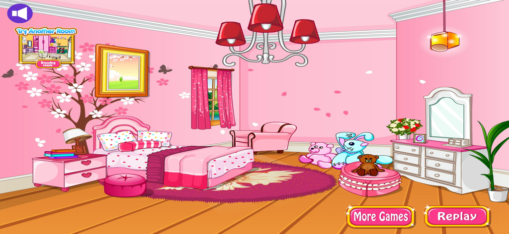 Decorate the House - A pink themed bedroom design with a cherry blossom wall mural and cozy furniture in the Decorate the House app