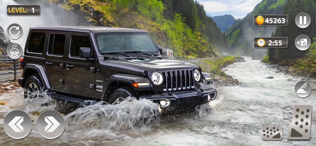 A grey 4x4 SUV driving through a river in Car Simulator 2025.