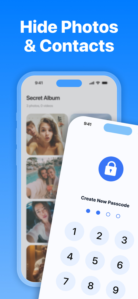 CleanX app interface showing a secret album and passcode creation screen for hiding photos and contacts