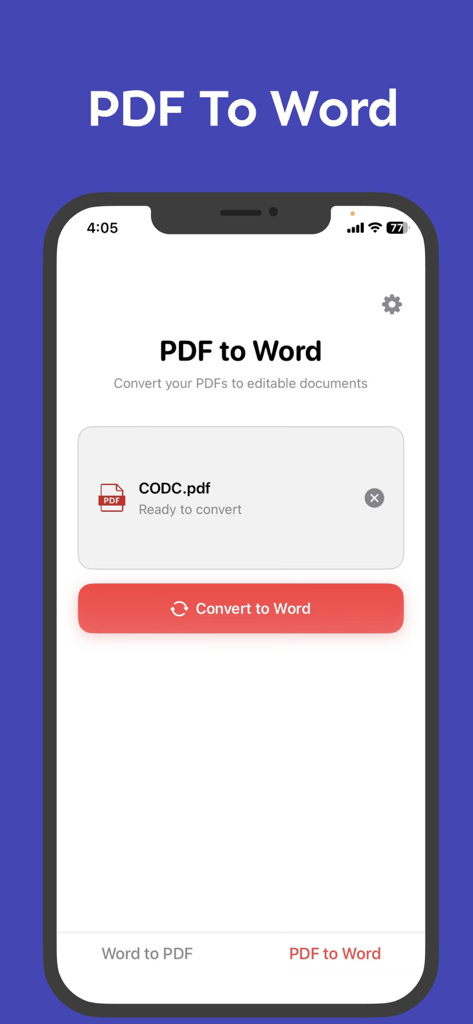 Word to PDF Converter: Doc2PDF - Interface of the Word to PDF Converter app displaying a PDF file ready to convert to a Word document