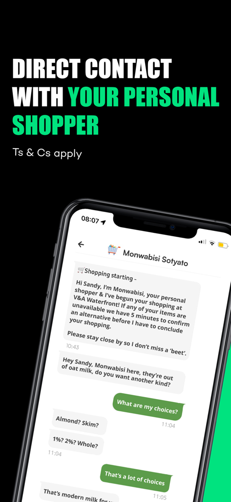 Interface de chat intégrée montrant la communication directe entre un utilisateur et son acheteur personnel pour les mises à jour de livraison de courses.