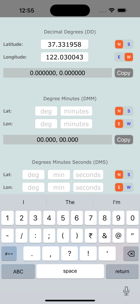 Coordinate Convertor Pro HD - Interface de l'application Coordinate Convertor Pro HD montrant les champs de conversion pour les degrés décimaux et les degrés minutes secondes