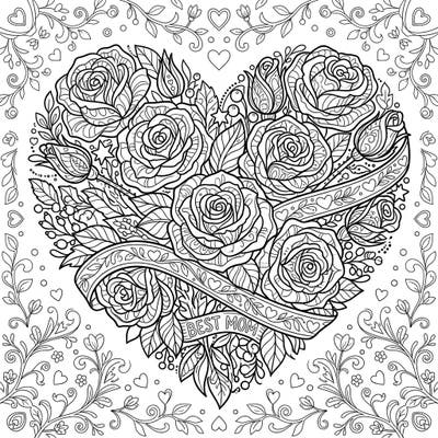Show your love with this intricate Mother's Day coloring page, showcasing a stunning heart-shaped bouquet of roses. Personalize this beautiful design to create a truly special gift for the best mom.