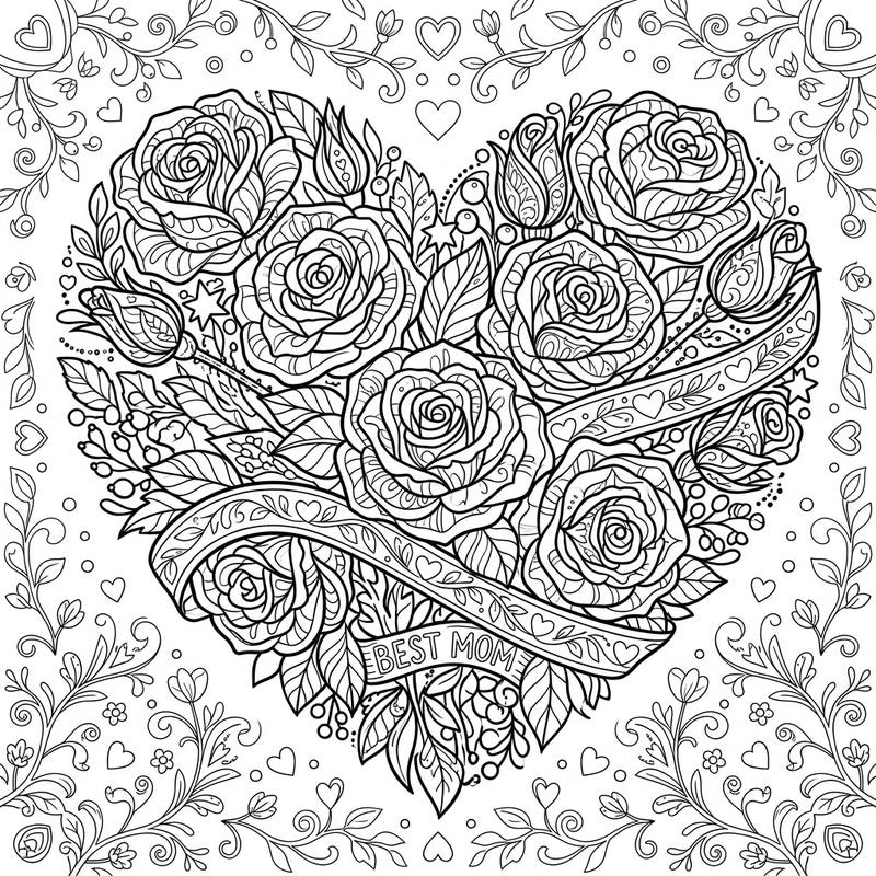 Show your love with this intricate Mother's Day coloring page, showcasing a stunning heart-shaped bouquet of roses. Personalize this beautiful design to create a truly special gift for the best mom.