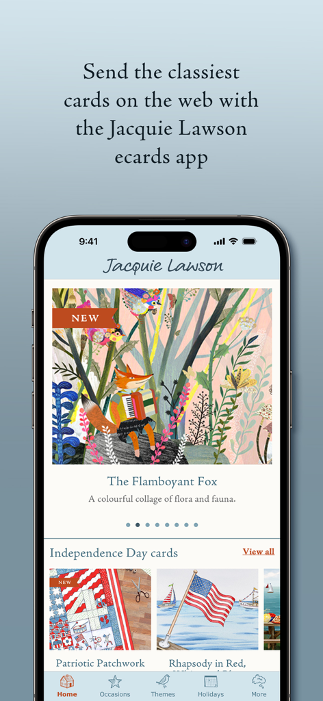 Écran d'accueil de l'application Jacquie Lawson Ecards présentant des cartes de vœux peintes à la main