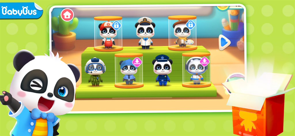 Baby Panda's Town: Life - Baby Panda character selection screen showing different career costumes including pilot police officer and chef