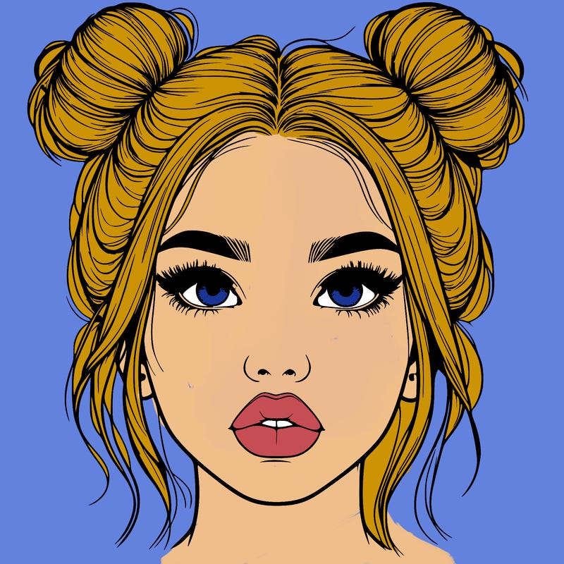 realistic girl with two buns on her hair and lips