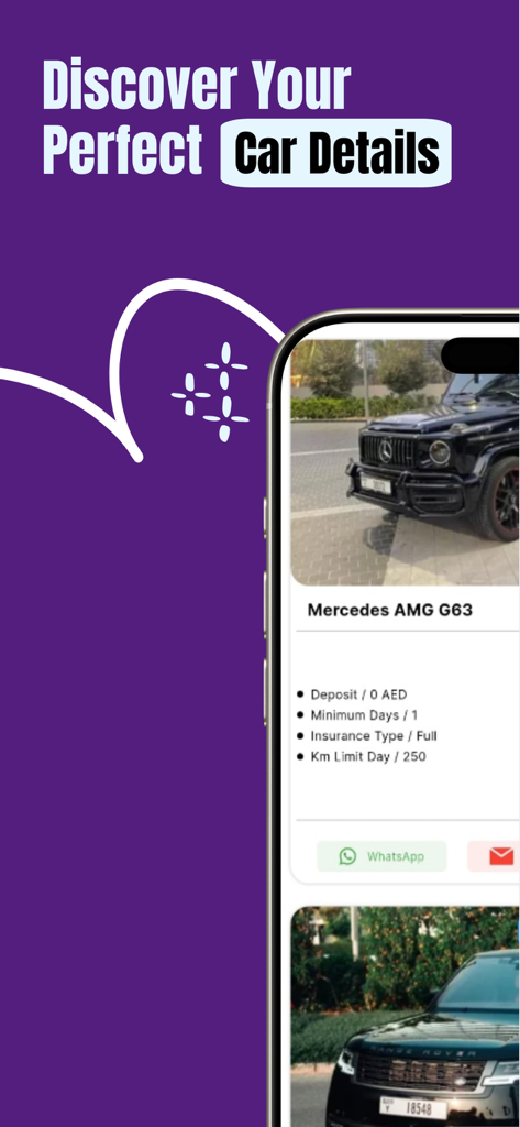 TAJEER | RENT A CAR in Dubai - ドバイでゼロデポジットのメルセデスAMG G63のレンタル詳細を表示するTAJEERアプリ画面