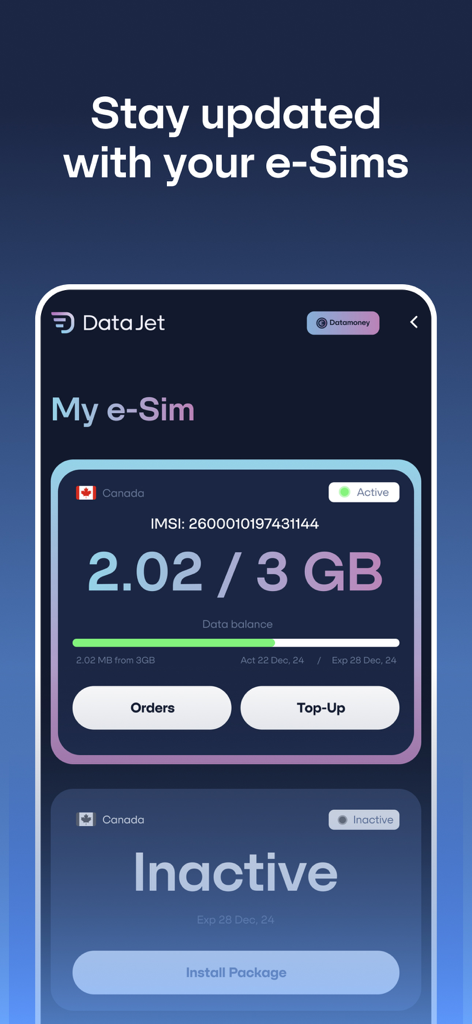 DataJet eSIM Travel & Internet - DataJetアプリのインターフェース。アクティブなカナダeSIMデータ残高と使用状況の追跡、トップアップオプションを表示。