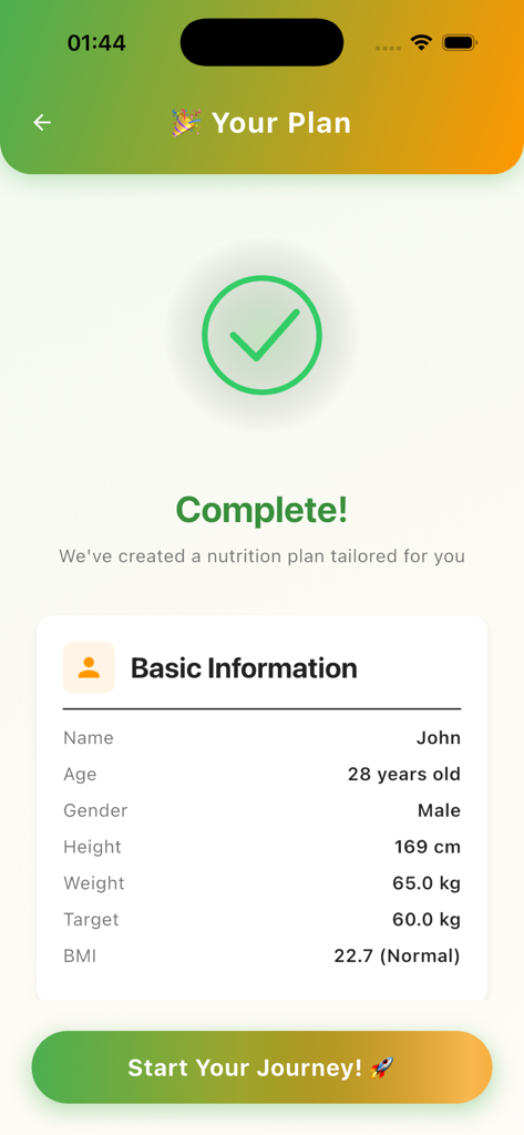 Calories Tracker - Nutrition - A mobile screen showing a completed personalized nutrition plan with user stats including age weight and BMI
