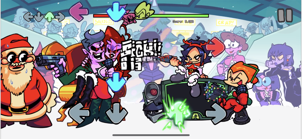 Batalla del juego rítmico Friday Night Funkin Mobile en un escenario navideño