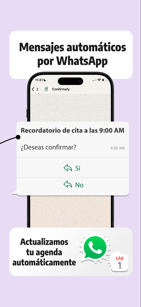 Confirmafy - Smartphone screen displaying an automated appointment confirmation message sent via WhatsApp with yes and no response options